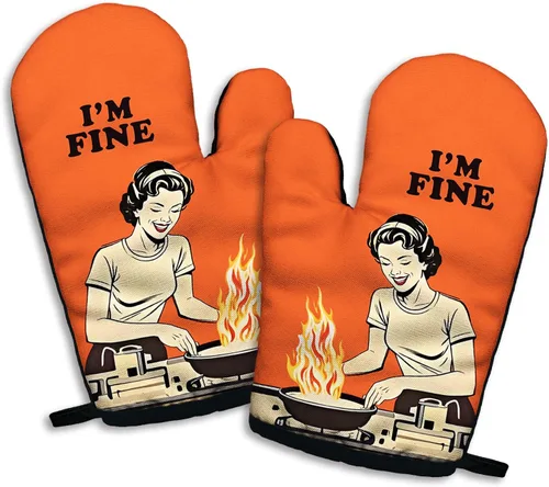 I am Fine - Juego de 2 guantes de horno antideslizantes de silicona divertidos, guantes de cocina retro, regalo de cocina para mujeres, regalos de