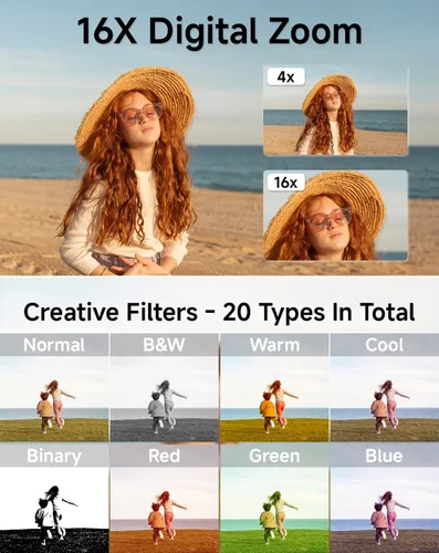 Miniatura 5 de Cámara digital para niños, FHD 1080P 44MP Cámara digital de punto y disparo con detección de rostros, captura de sonrisas, zoom 18X, 20 filtros
