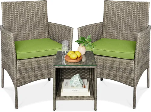 Miniatura 29 de Best Choice Products Juego de 3 piezas de mimbre para conversación al aire libre, muebles de patio que ahorran espacio para jardín con mesa