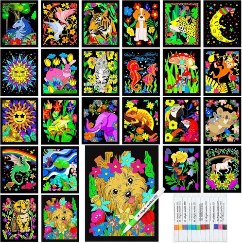 Zhanmai Paquete de 48 pósteres de terciopelo para colorear y marcadores de pintura acrílica Pósteres de terciopelo para colorear afelpados de
