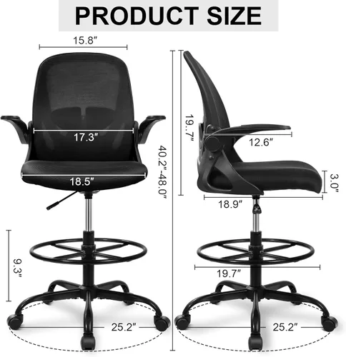 Miniatura 3 de Primy Silla de dibujo alta de oficina con reposabrazos abatibles, silla de escritorio ergonómica ejecutiva para computadora con soporte lumbar