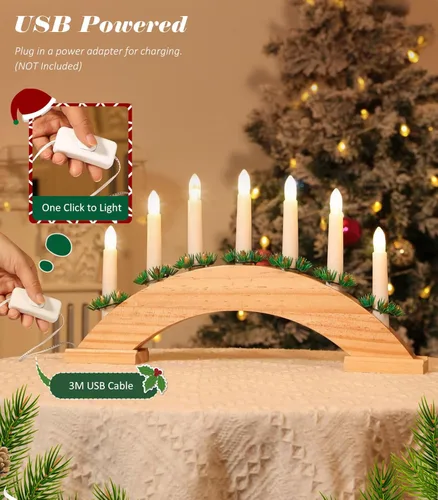 Miniatura 5 de Lewondr Candelabro sueco de Navidad, 7 velas cónicas sin llama con alimentación USB, luz de vela de ventana de Navidad con agujas de pino, luz