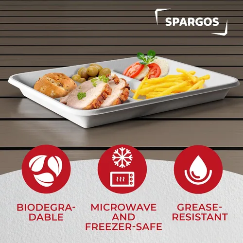 Miniatura 3 de SPARGOS Platos desechables de 5 compartimentos resistentes, paquete de 100 bandejas de almuerzo de caña de azúcar de 12.5 x 8.6 pulgadas