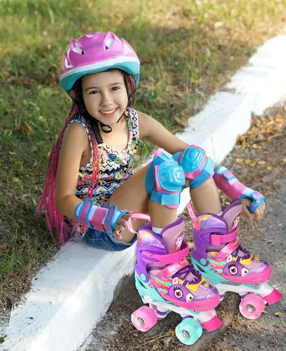 Miniatura 7 de Dino - Patines de ruedas para niños y niñas, WESKIFAN Dinosaur Quad Skating Shoes con ruedas brillantes y tamaños ajustables para principiantes