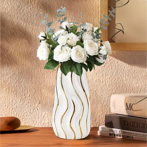 Miniatura 7 de Jarrón de cerámica blanca para decoración del hogar, jarrón decorativo para flores, jarrones de cerámica de rayas verticales para decoración