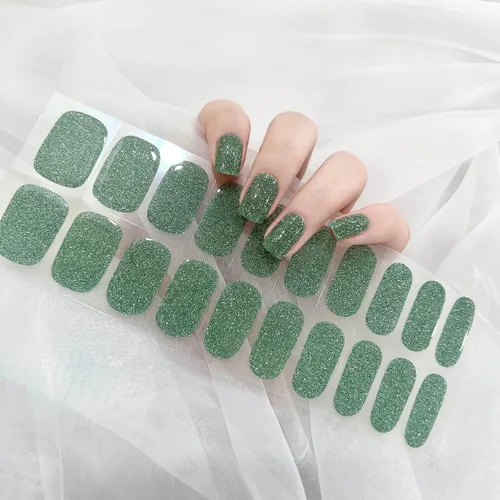 Tiras de esmalte de uñas de gel con purpurina verde sin luz de uñas, calcomanías de lámpara de uñas, 20 tiras de manicura extra largas
