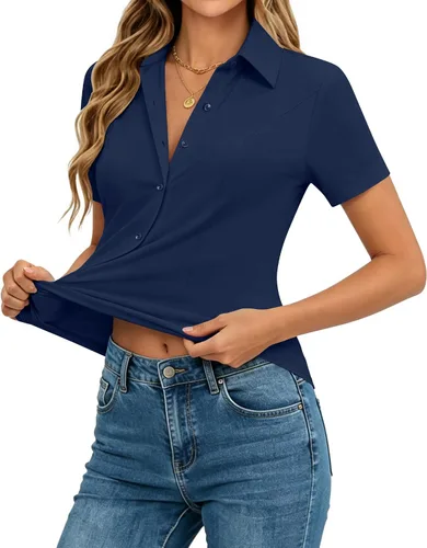 Miniatura 13 de siliteelon Camisas de manga corta con botones para mujer, camisas de vestir elásticas en 4 direcciones, blusa de trabajo ajustada