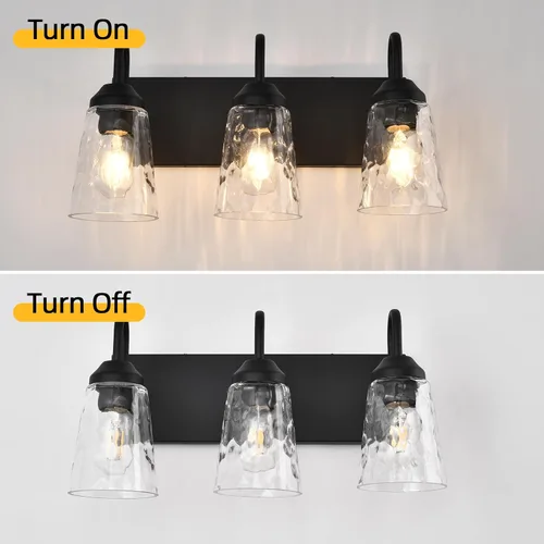 Miniatura 7 de Lámpara de baño de 3 luces, luces costeras con pantalla de cristal de cristal, lámpara de pared negra para espejo de cocina, pasillo, dormitorio