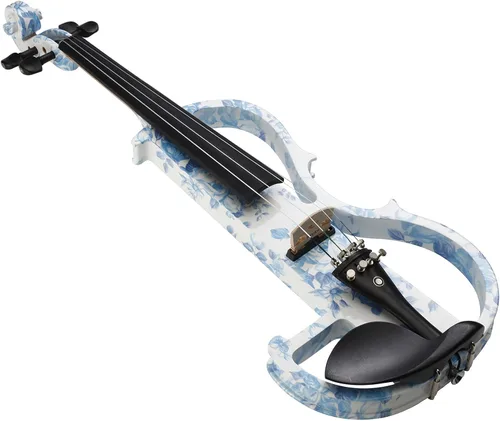 Miniatura 3 de Kinglos Kit de violín eléctrico y silencioso avanzado de madera maciza de color blanco y azul con accesorios de ébano tamaño completo (DSG1201)