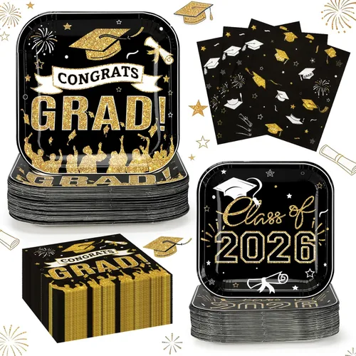 Decoraciones de graduación 2026, suministros de fiesta de graduación negro y dorado con platos de papel desechables de 9 pulgadas, platos de postre