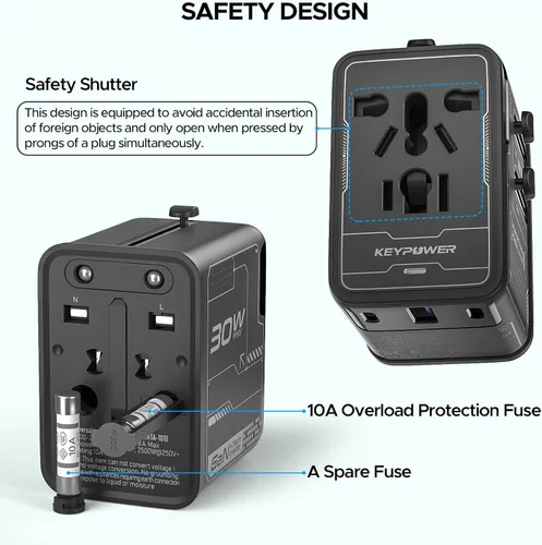 Miniatura 7 de Adaptador de viaje universal de 30 W GaN, KEY POWER Adaptador de corriente internacional todo en uno con 2 USB-C y 1 USB-A, convertidor de enchufe