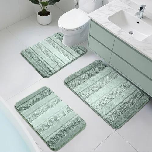 Miniatura 11 de Kmson Juego de 3 alfombras de baño de chenilla ombré, antideslizantes, ultra suaves, lavables, alfombras de baño peludas para bañera, tapete de Azul