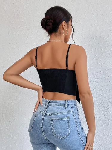 Miniatura 2 de SOLY HUX Camiseta corta sexy con lazo grande para mujer, camiseta corta con tirantes delgados, sin mangas, espalda fruncida