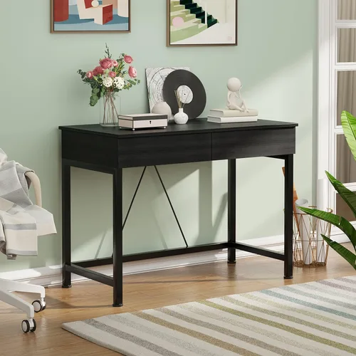 Miniatura 4 de CAIYUN - Escritorio pequeño de computadora con cajones, escritorio de 39.4 pulgadas para oficina en casa con almacenamiento, escritorio moderno