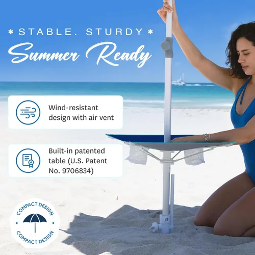 Miniatura 4 de AMMSUN Sombrilla de playa resistente de 7 pies para vientos fuertes con anclaje de arena, poste inclinable con ventilación y bandeja de mesa Azul