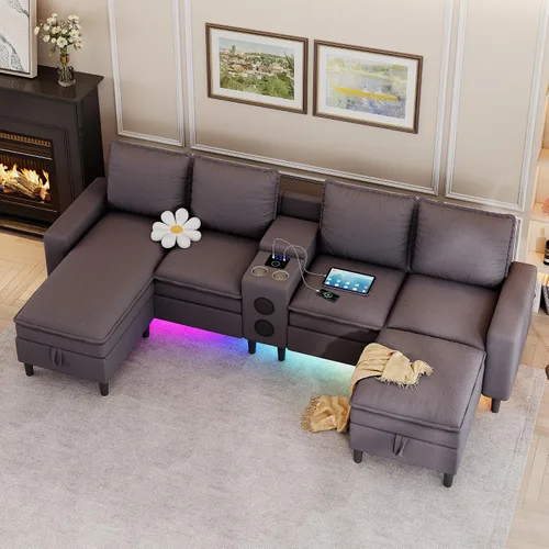 Miniatura 8 de Sofás Seccionales para Sala de Estar, Sofá Seccional de 4 Asientos con Módulo Inteligente-Altavoz Bluetooth/Luz RGB/Estación de Carga, Sofá de Nube