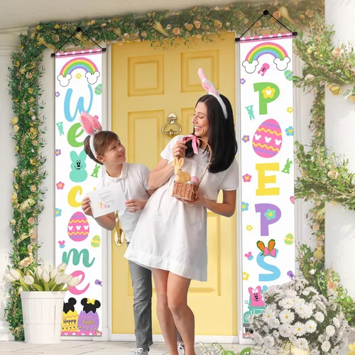 Miniatura 5 de Letrero Banner de Bienvenida de Conejito para Porche, 2 piezas Decoración de Puerta de Pascua Feliz, Tema de Ratón Letrero de Bienvenida para Puerta