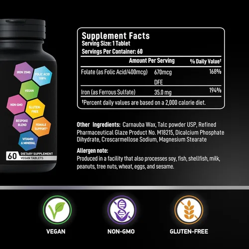 Miniatura 5 de Suplementos veganos de hierro para mujeres con ácido fólico, 35 mg de hierro suave, 400 mcg de ácido fólico, sulfato ferroso constructor de sangre