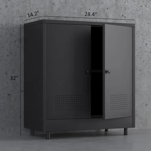 Miniatura 3 de Armario de almacenamiento de metal con 2 puertas y estante ajustable, aparador de acero para el hogar, oficina, garaje, entrada, sala de estar, Negro