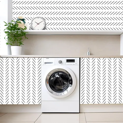 Miniatura 7 de Yun-aeon Papel tapiz de espiga en blanco y negro de 17.5 x 160 pulgadas, moderno papel de contacto geométrico extraíble, papel tapiz autoadhesivo