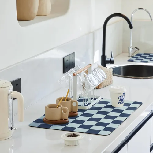 Miniatura 12 de Ohocut Tapete de secado de platos a cuadros para encimera de cocina, accesorios de estación de cafetería, estética, retro, moderna, absorbente