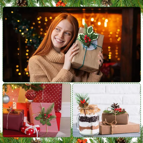 Miniatura 4 de 48 piezas de púas y aerosoles de Navidad para árbol de Navidad, púas florales de acebo rojo bayas en aerosol para manualidades, ramas de pino vívido