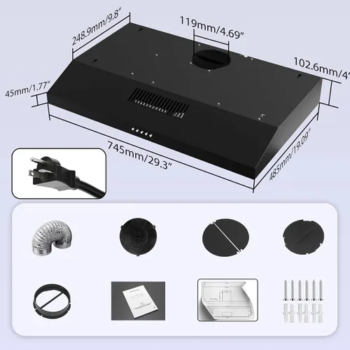 Miniatura 9 de Campana extractora negra – Bajo gabinete, extractor metálico de cocina, campana extractora debajo del gabinete, campana extractora de 30 pulgadas