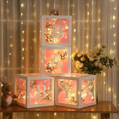 Miniatura 9 de Decoraciones de caja de globos para baby shower, 4 bloques de bebé transparentes con letras "Baby Girl", paquete de 4 luces LED de hadas y 40 globos