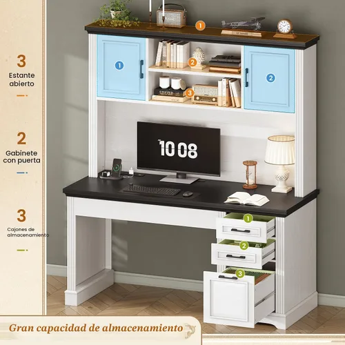 Miniatura 8 de SEDETA Escritorio para computadora estilo granja con estantería superior y 3 cajones, escritorio de oficina ejecutivo de 47.2" con cajones de Blanco