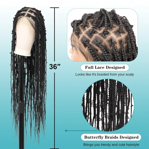 Miniatura 2 de Kalyss Pelucas trenzadas de encaje completo HD de 360° para mujer, peluca trenzada sin nudos de mariposa, peluca trenzada frontal con cabello