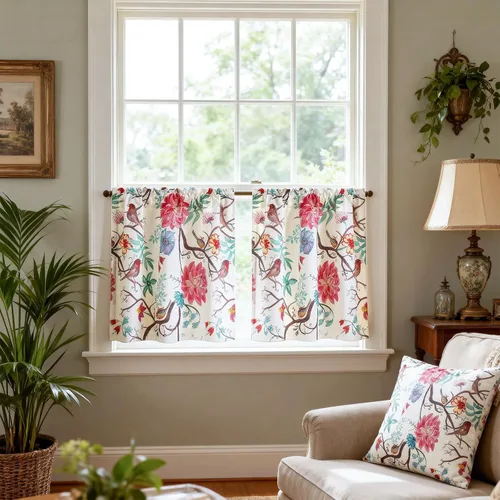 VOGOL Cortinas coloridas con estampado de pájaros, paneles de cortina texturizados de lino estilo campestre para cocina, tratamiento de ventana de