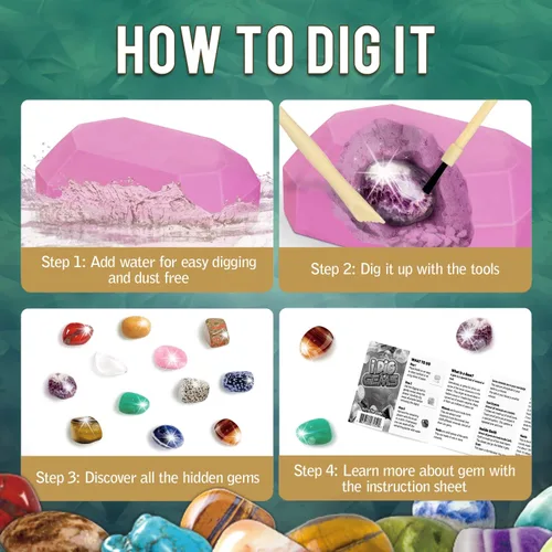 Miniatura 7 de Kit de Excavación de Gemas Byncceh - Excava 12 Gemas Reales, Colección de Minerales y Rocas, Kit de Excavación de Gemas y Cristales para Niños, Kit