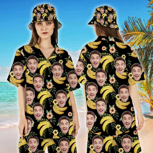 Miniatura 2 de The Mighty Myth Personalized Custom Face Tropical Unisex Hawaiian Shirt and Shorts Set with Bucket Hat S-5XL