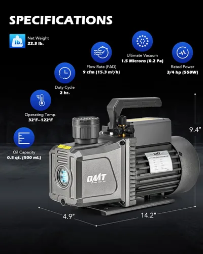 Miniatura 2 de Orion Motor Tech Bomba de vacío de 2 etapas, bomba de vacío de paletas rotativas HVAC de 9 cfm 3/4 hp con vacío definitivo de 1.5 micrones, bomba