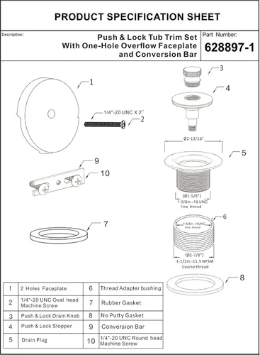 Miniatura 7 de Artiwell Push & Lock - Juego de molduras para bañera con placa frontal de desbordamiento de un solo orificio, kit de conversión de bañera con barra