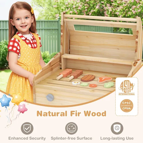 Miniatura 7 de Costzon Juego de parrilla para niños con ruedas, juego de parrilla de madera para niños con comida de juego, herramientas de parrilla y accesorios