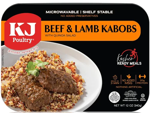 KJ Poultry Kosher Ready Meals – Brocheta de cordero y quinua, comidas de carne MRE listas para comer (paquete de 1) preparadas para entrada