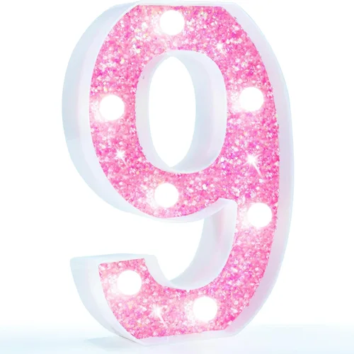 Miniatura 53 de Pooqla Luces de números de marquesina, números de luz rosa para niñas de 10.º cumpleaños, funciona con pilas, luz nocturna de número con purpurina