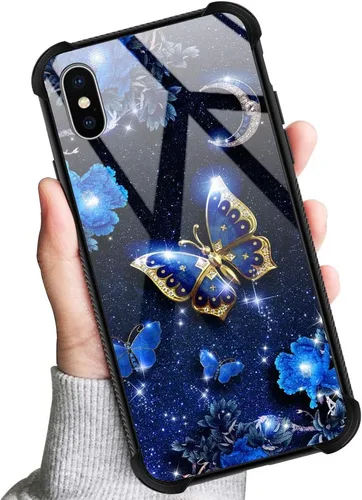 Miniatura 6 de Funda compatible con iPhone XS, funda para niñas y mujeres, cielo azul, flor, luna y mariposa