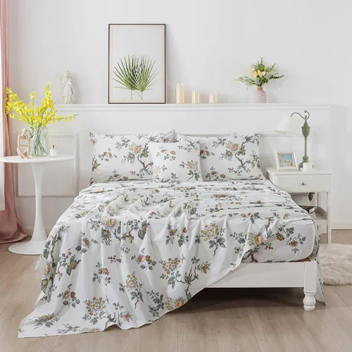 Miniatura 3 de FADFAY Elegante juego de sábanas con estampado de pájaros beige desgastado, 100% algodón, ultra suave, para niñas, con bolsillo profundo, 4 piezas