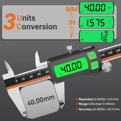 Miniatura 4 de Calibre digital, calibre Vernier recargable de acero inoxidable tipo C, conversión de F/MM/in, LCD grande, pinza de medición digital de carga USB