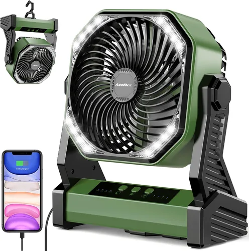 Miniatura 10 de Ventilador de camping de 20000 mAh, recargable, funciona con batería con gancho giratorio de 360°, luz de 400 lúmenes, pivote de 270°, 4