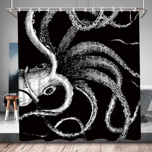 Miniatura 7 de Cortina de ducha con tentáculos de pulpo, monstruo náutico Kraken, vida marina, abstracto, tela de poliéster blanco y negro, juego de decoración