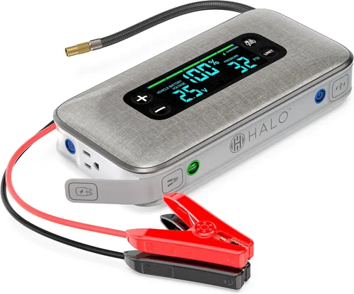 Miniatura 7 de HALO Bolt Ultimate 3 arrancador de batería de auto portátil Compresor de aire de 130 PSI, banco de energía USB de 55.5Wh, pantalla grande, faro