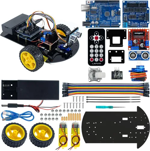 Kit de chasis de coche robot inteligente LAFVIN 2WD con módulo ultrasónico, placa R3, compatible con control remoto y Arduino IDE, kit de bricolaje