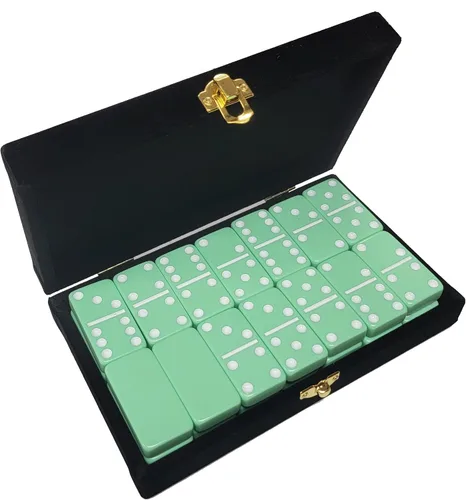 Miniatura 3 de Marion Domino Double 6 Torneo Jumbo de color verde menta pastel tamaño profesional en elegante estuche de terciopelo negro.