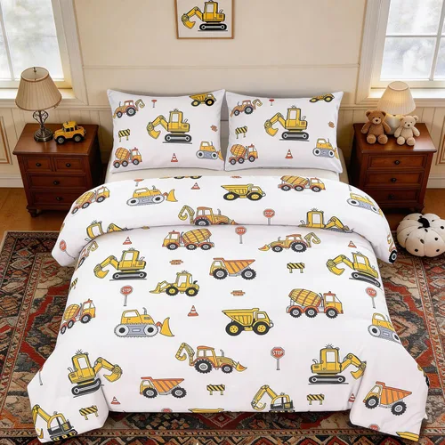 Miniatura 2 de ZRNBAST Juego de ropa de cama individual para niños y niños, beige, con diseño de coches de dibujos animados, excavadora, tractor, juego de edredón