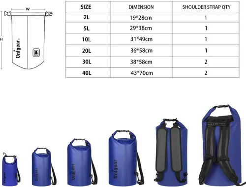 Bolsa seca Unigear impermeable, 2L/5L/10L/20L/30L/40L, Bolsas flotantes y ligeras para kayak, navegación, pesca, natación y camping con funda Azul