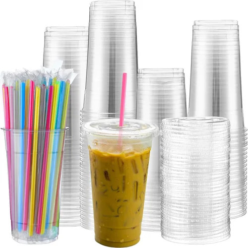Miniatura 8 de Nuogo Juego de 100 vasos de plástico transparente de 32 onzas con tapas planas y pajitas, vasos de plástico PET con tapas, pajitas de colores, vasos