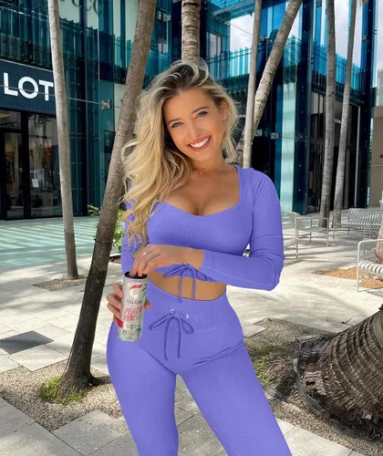 Miniatura 2 de Stylishine Conjunto de 2 piezas de entrenamiento para mujer, trajes acanalados de manga larga, tops cortos de cintura alta, leggings para yoga